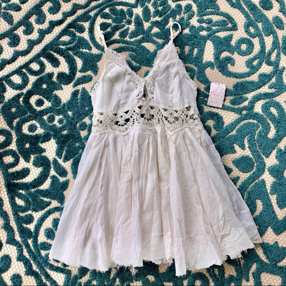 Free People White Lace-Trim Mini Dress